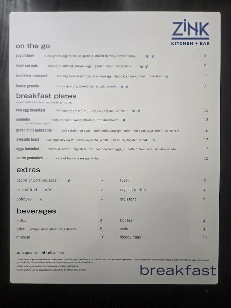 Zink Kitchen + Bar Menu image 1